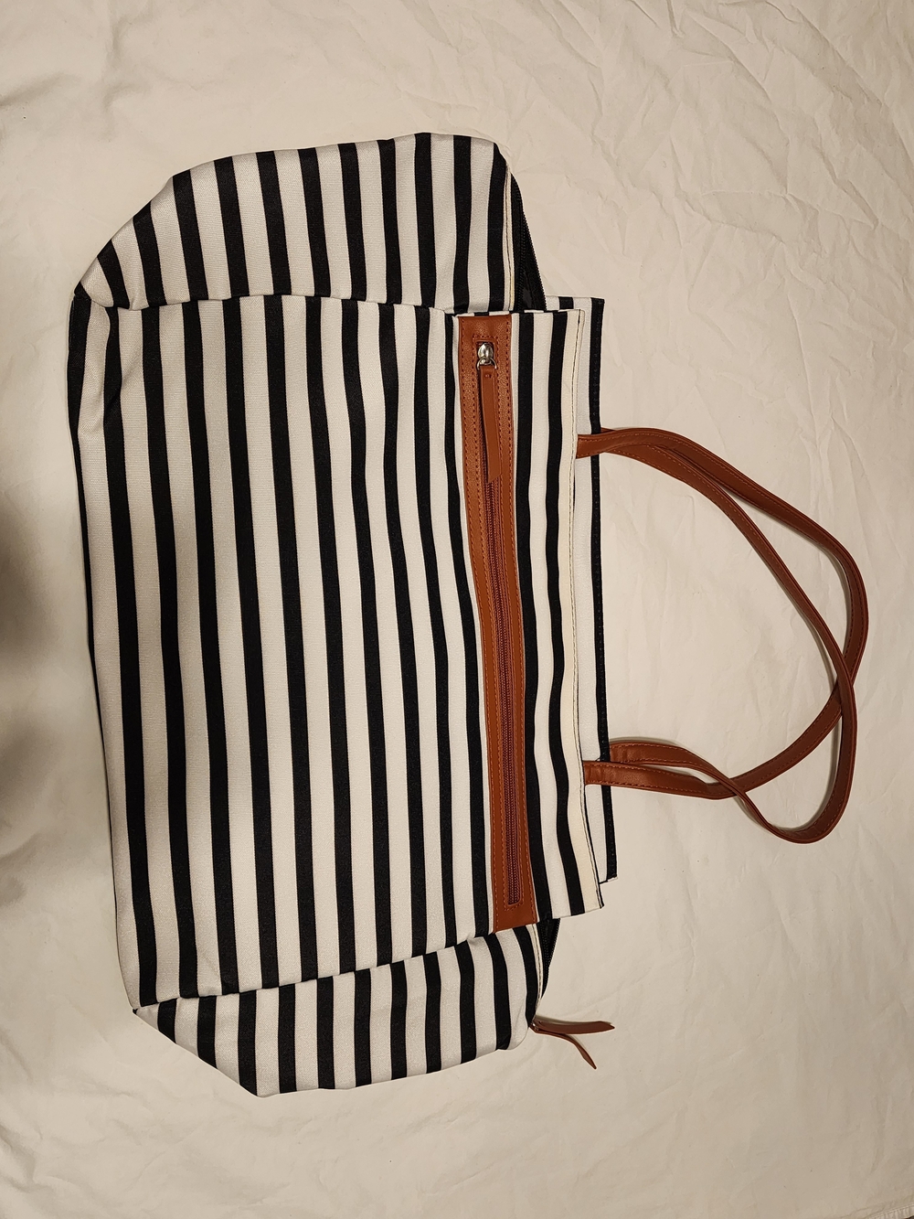 Striped Black & White Tote with Tan Handles